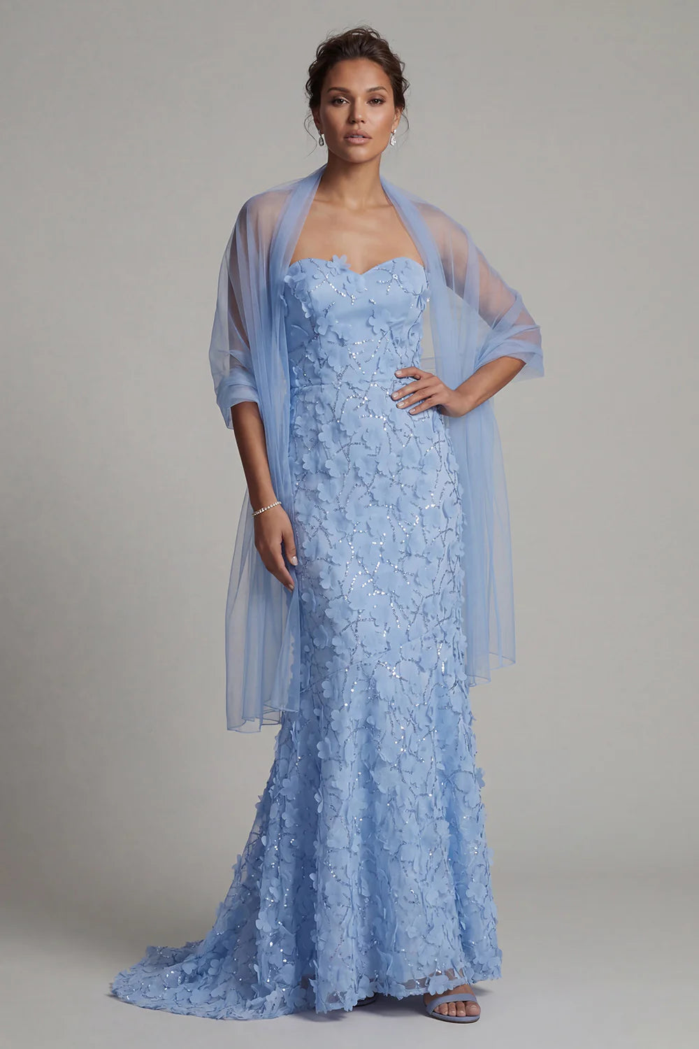 Elegant Strapless 3D Floral Sequin Mermaid Mother of the Bride Dress with Tulle Shawl