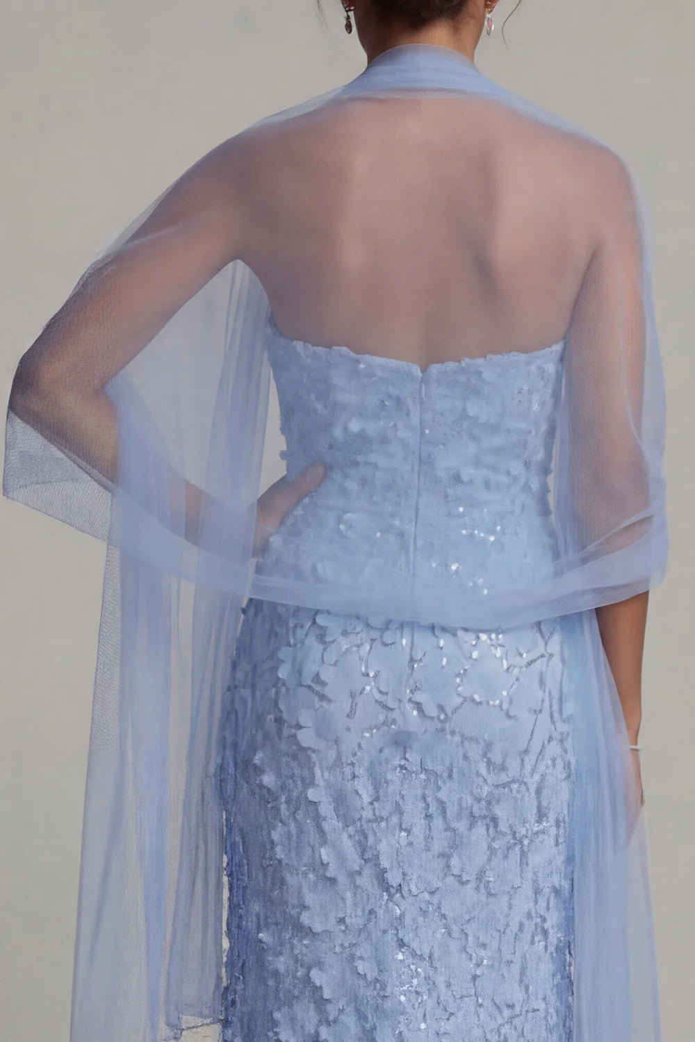 Elegant Strapless 3D Floral Sequin Mermaid Mother of the Bride Dress with Tulle Shawl