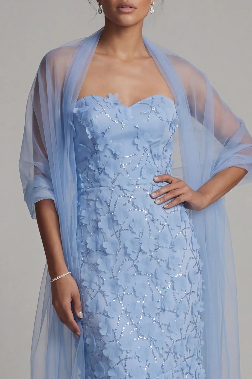 Elegant Strapless 3D Floral Sequin Mermaid Mother of the Bride Dress with Tulle Shawl