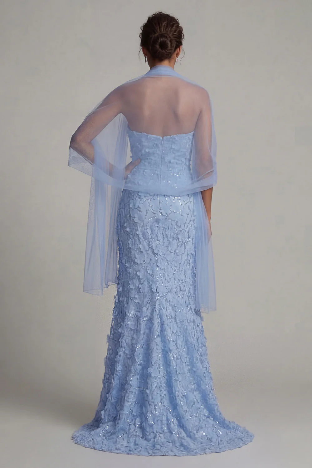 Elegant Strapless 3D Floral Sequin Mermaid Mother of the Bride Dress with Tulle Shawl