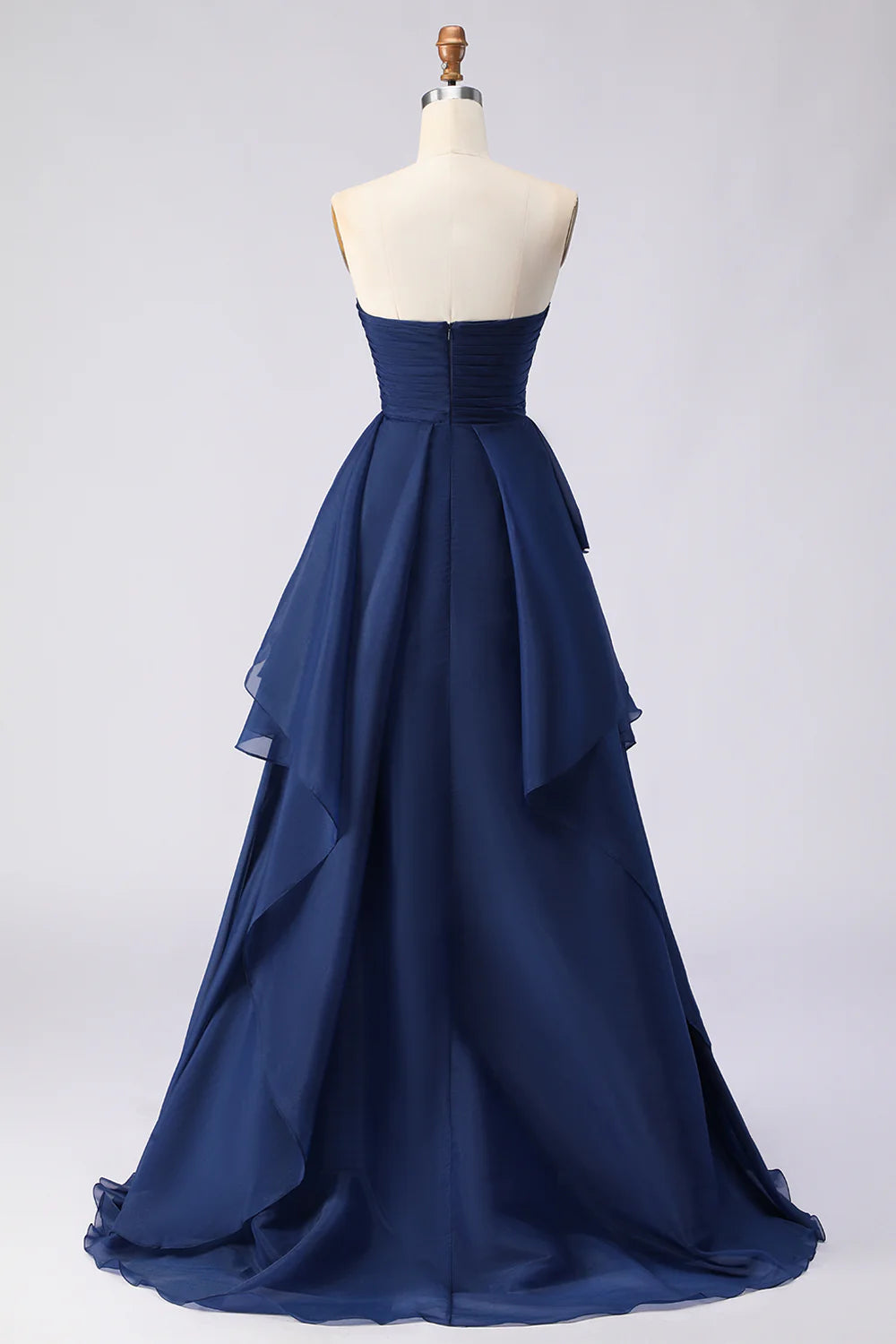 Elegant Strapless Chiffon Evening Dress with Ruched Bodice and Cascading Ruffle Slit