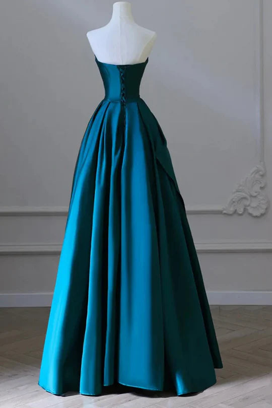 Elegant Strapless Empire-Waist Satin Pleated Long Formal Prom Dress
