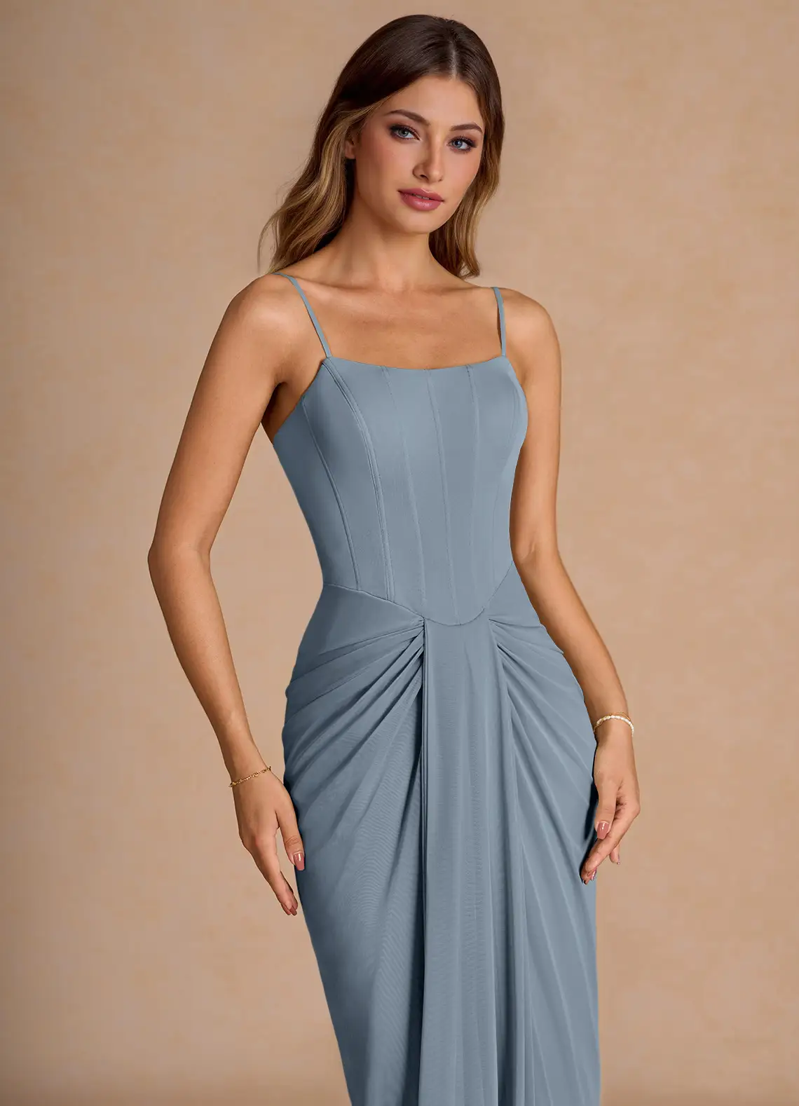 Elegant Strapless Square Neck Corset Bodice Draped Skirt Floor-Length Evening Dress