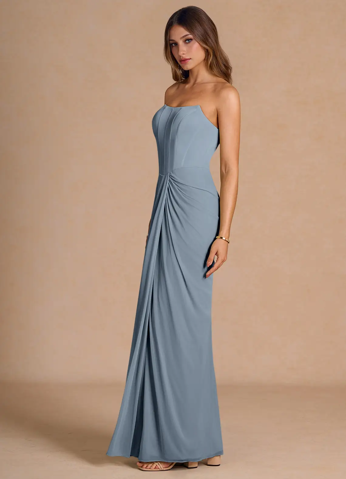 Elegant Strapless Square Neck Corset Bodice Draped Skirt Floor-Length Evening Dress