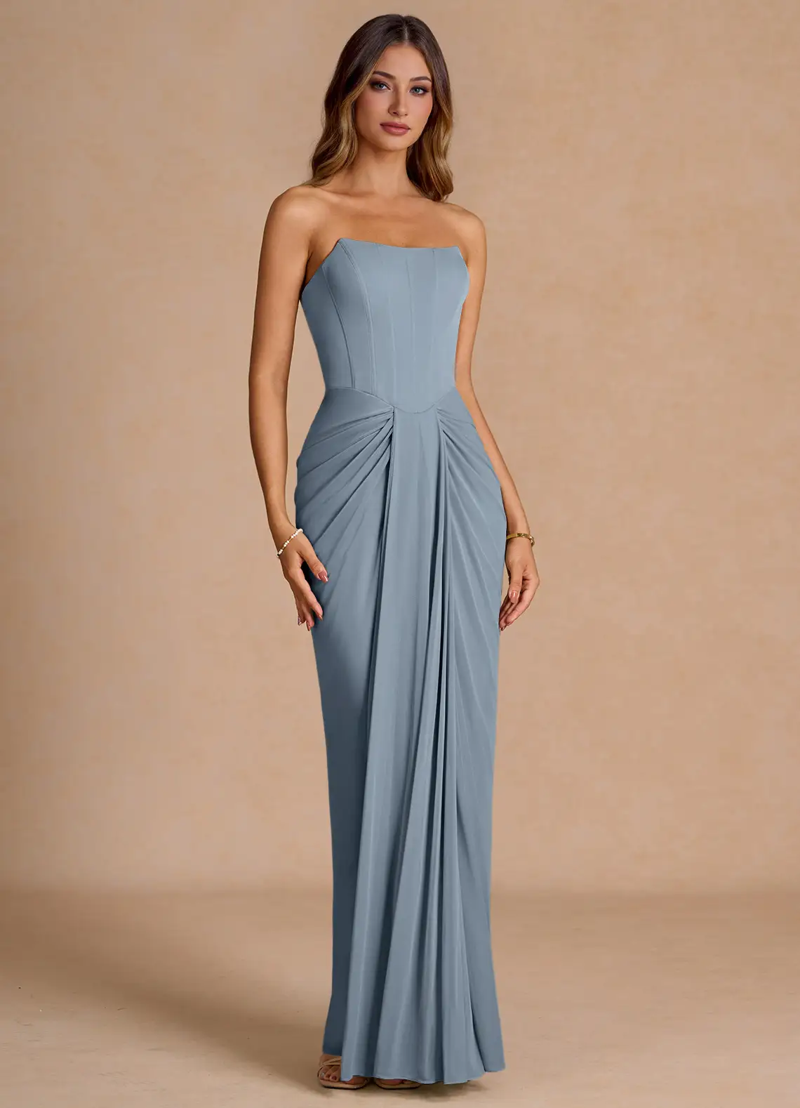 Elegant Strapless Square Neck Corset Bodice Draped Skirt Floor-Length Evening Dress