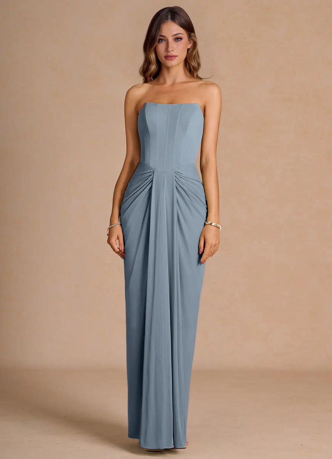 Elegant Strapless Square Neck Corset Bodice Draped Skirt Floor-Length Evening Dress