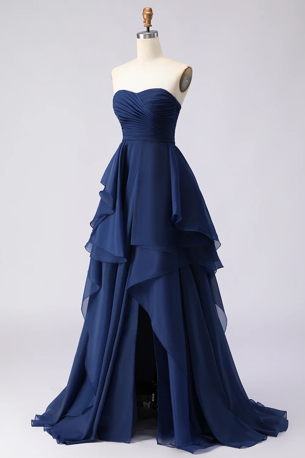 Elegant Strapless Tiered Chiffon Evening Dress with Ruffle Skirt and High Slit