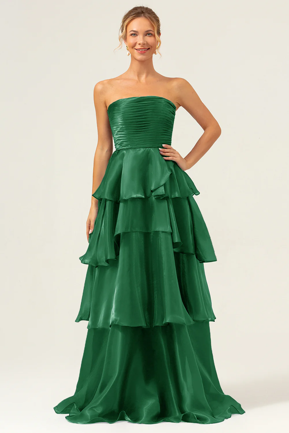 Elegant Strapless Tiered Satin Evening Dress with Ruched Bodice and Floor-Length Train