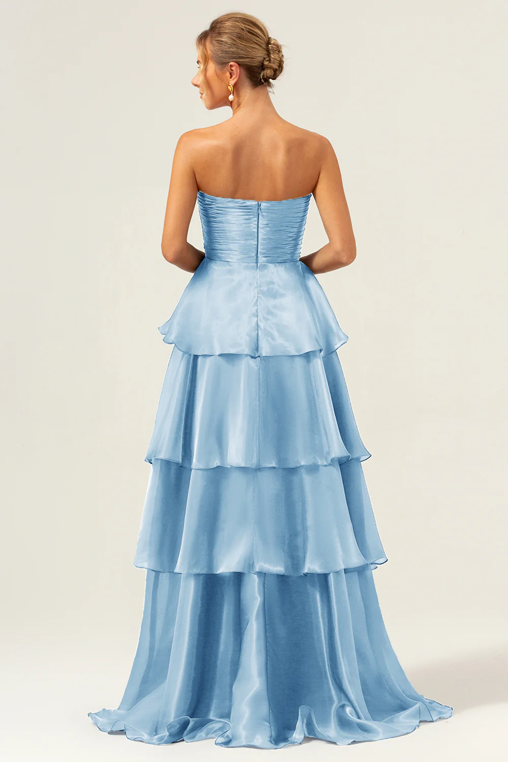 Elegant Strapless Tiered Satin Evening Dress with Ruched Bodice and Floor-Length Train