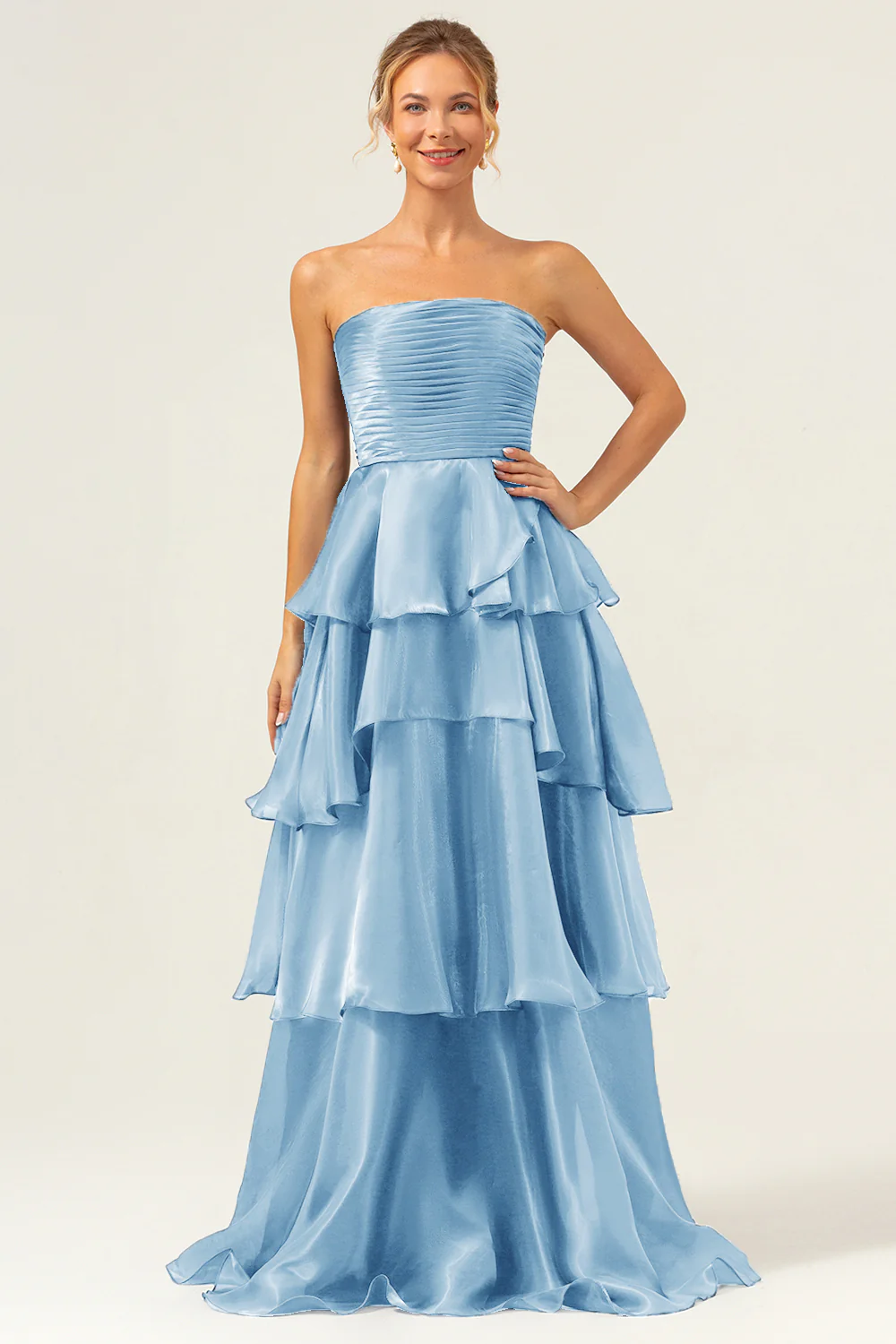 Elegant Strapless Tiered Satin Evening Dress with Ruched Bodice and Floor-Length Train