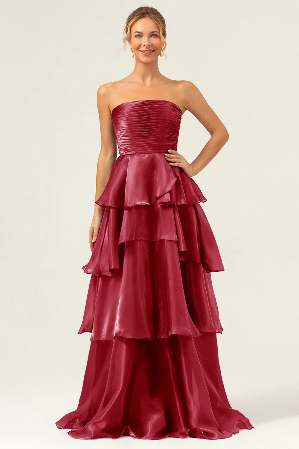 Elegant Strapless Tiered Satin Evening Dress with Ruched Bodice and Floor-Length Train