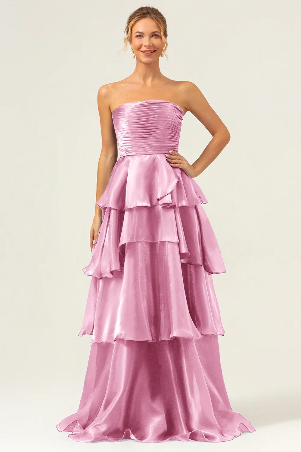 Elegant Strapless Tiered Satin Evening Dress with Ruched Bodice and Floor-Length Train