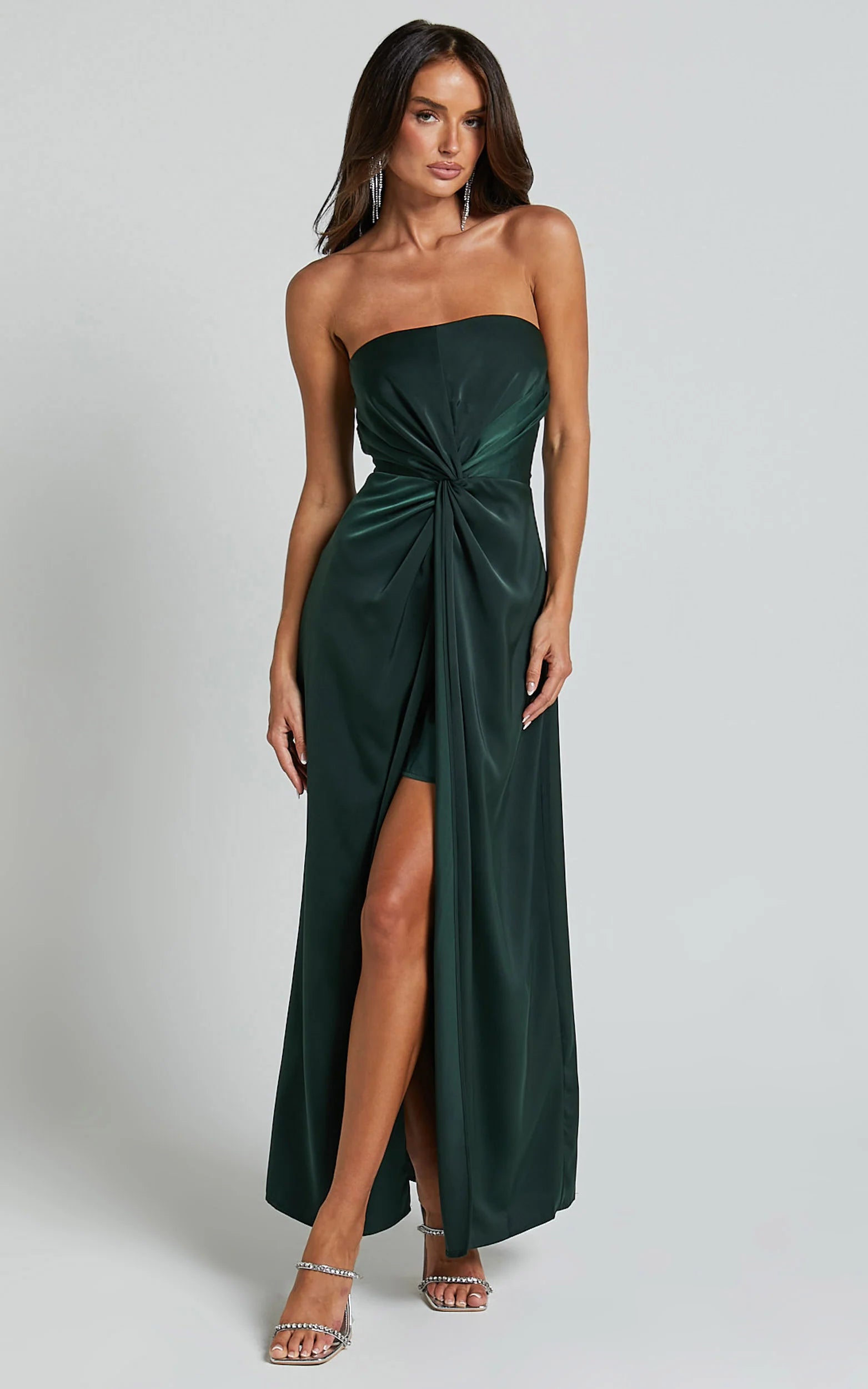 Elegant Strapless Twist-Front Floor-Length Slit Dark Green Satin Evening Dress