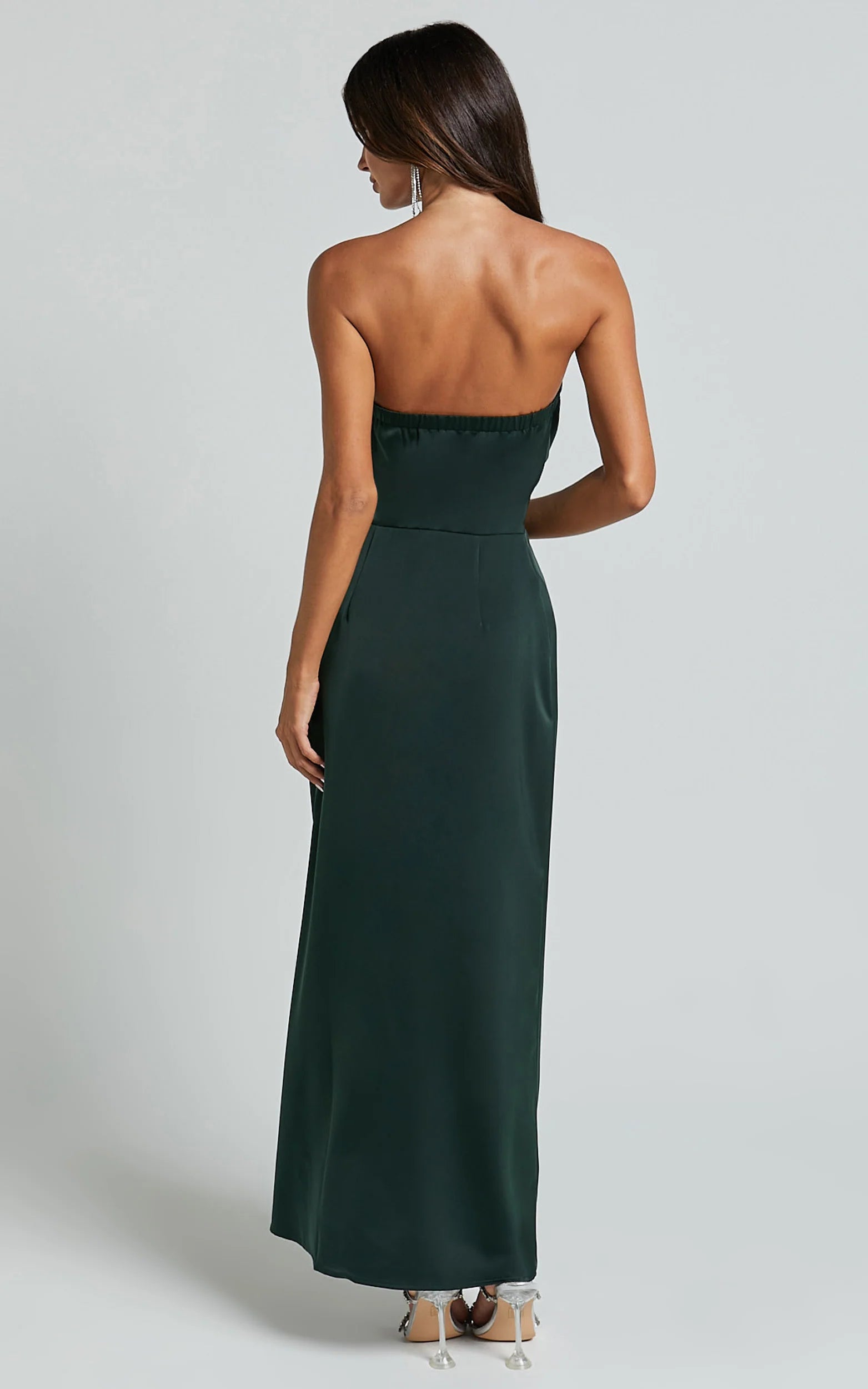 Elegant Strapless Twist-Front Floor-Length Slit Dark Green Satin Evening Dress