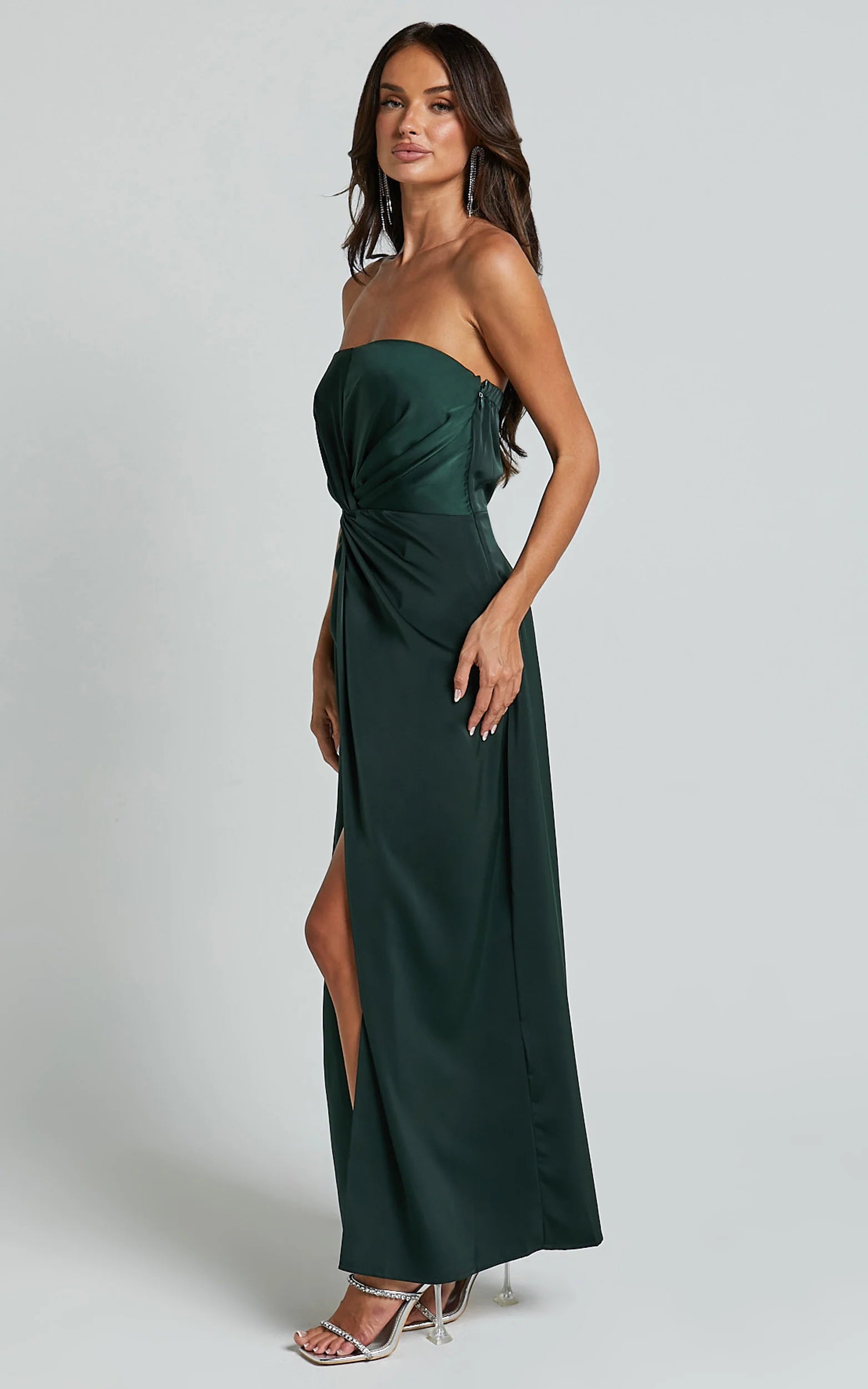 Elegant Strapless Twist-Front Floor-Length Slit Dark Green Satin Evening Dress