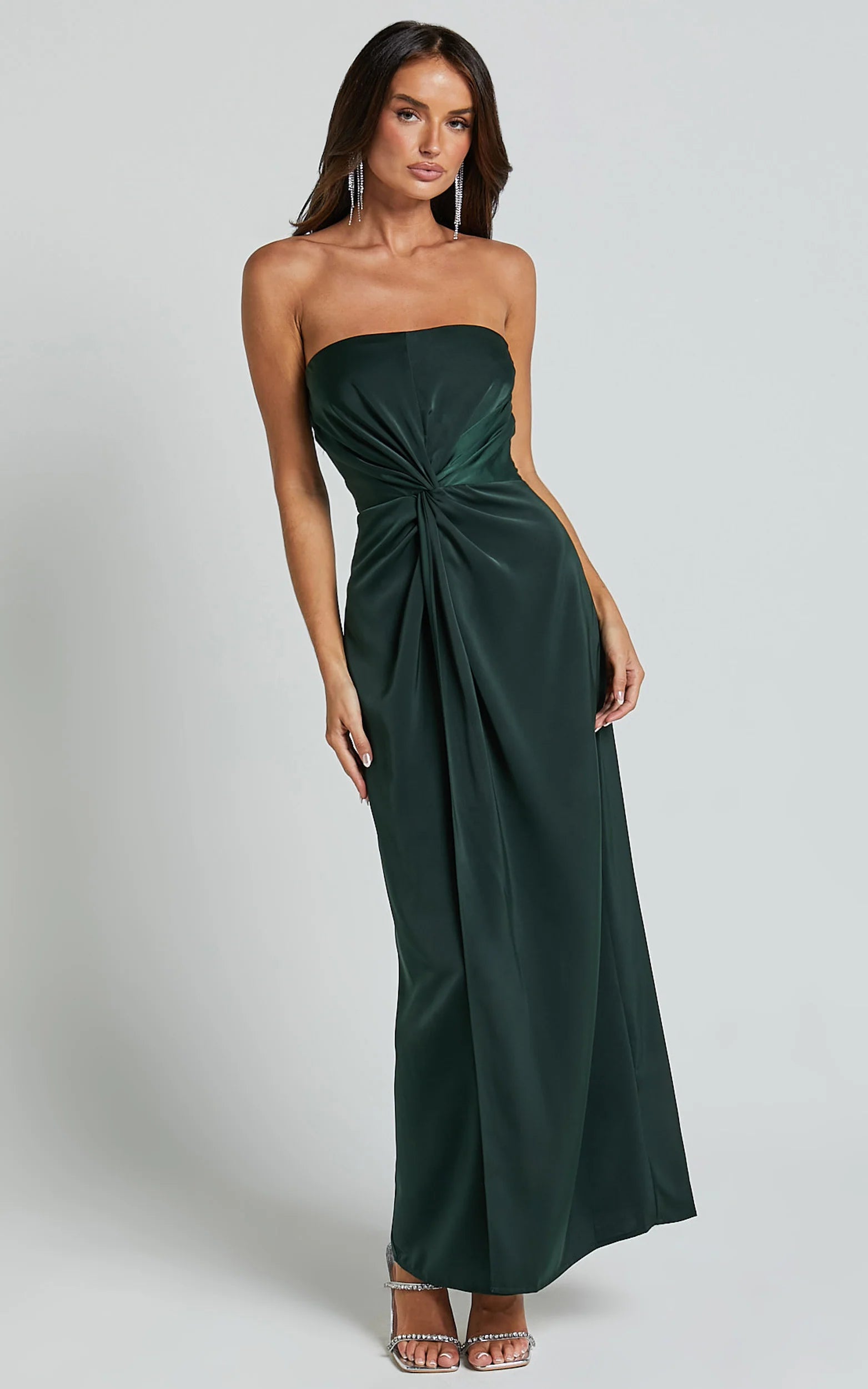 Elegant Strapless Twist-Front Floor-Length Slit Dark Green Satin Evening Dress