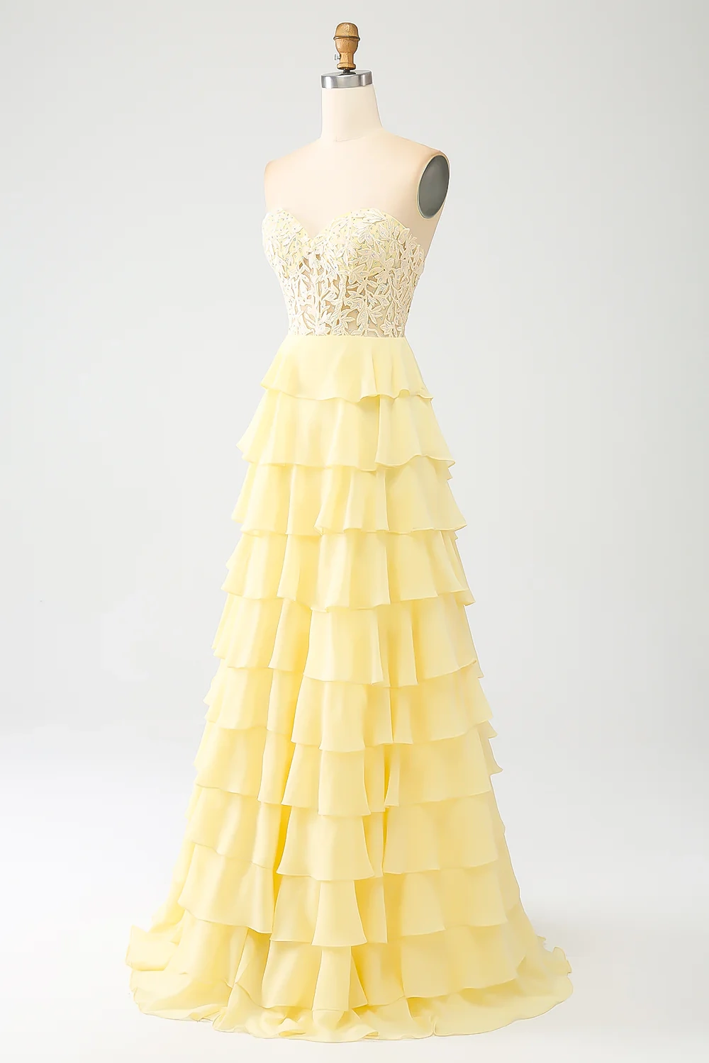 Elegant Sweetheart Neckline Lace Bodice Tiered Chiffon Evening Dress with Lace-Up Back