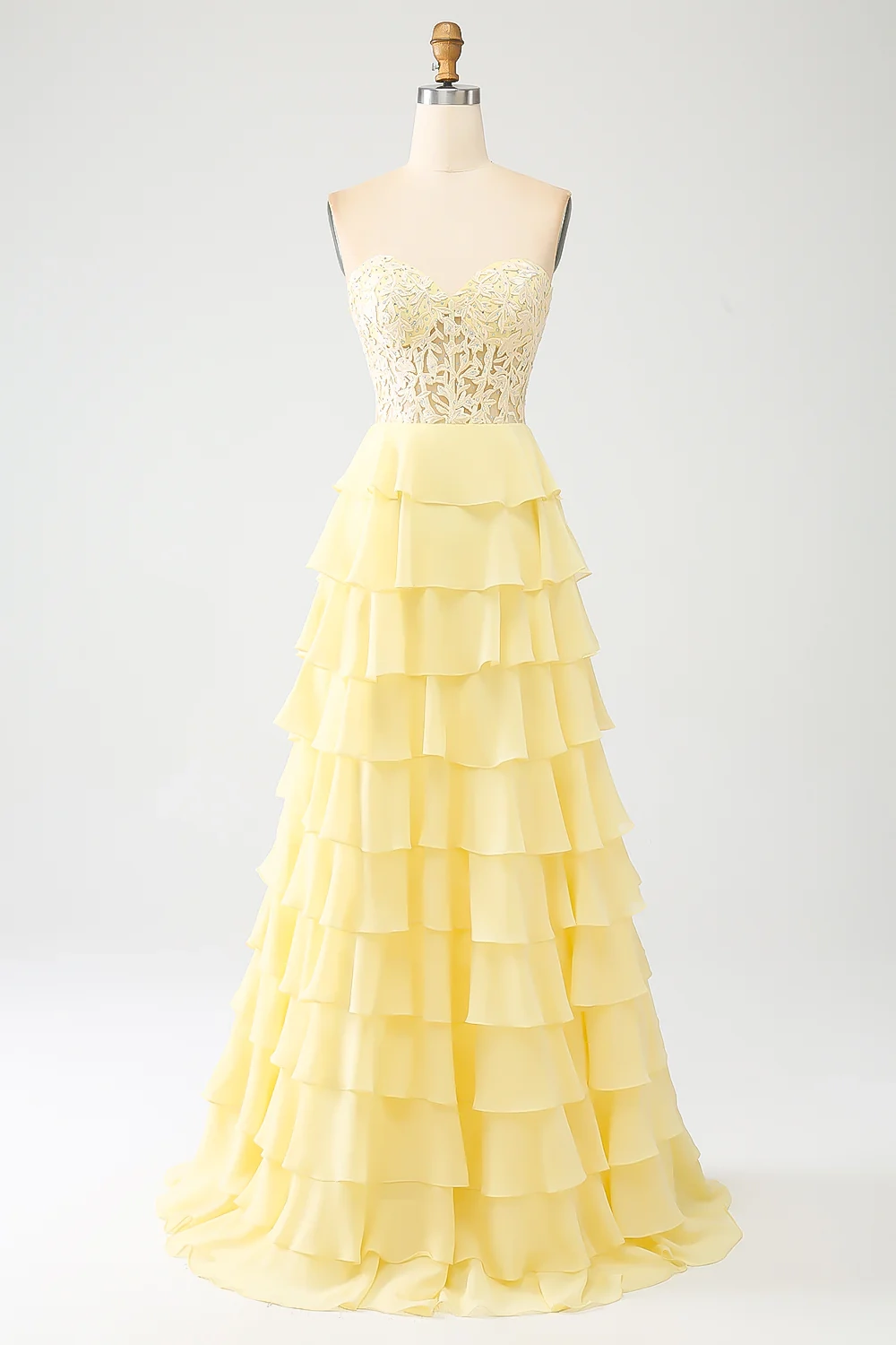 Elegant Sweetheart Neckline Lace Bodice Tiered Chiffon Evening Dress with Lace-Up Back