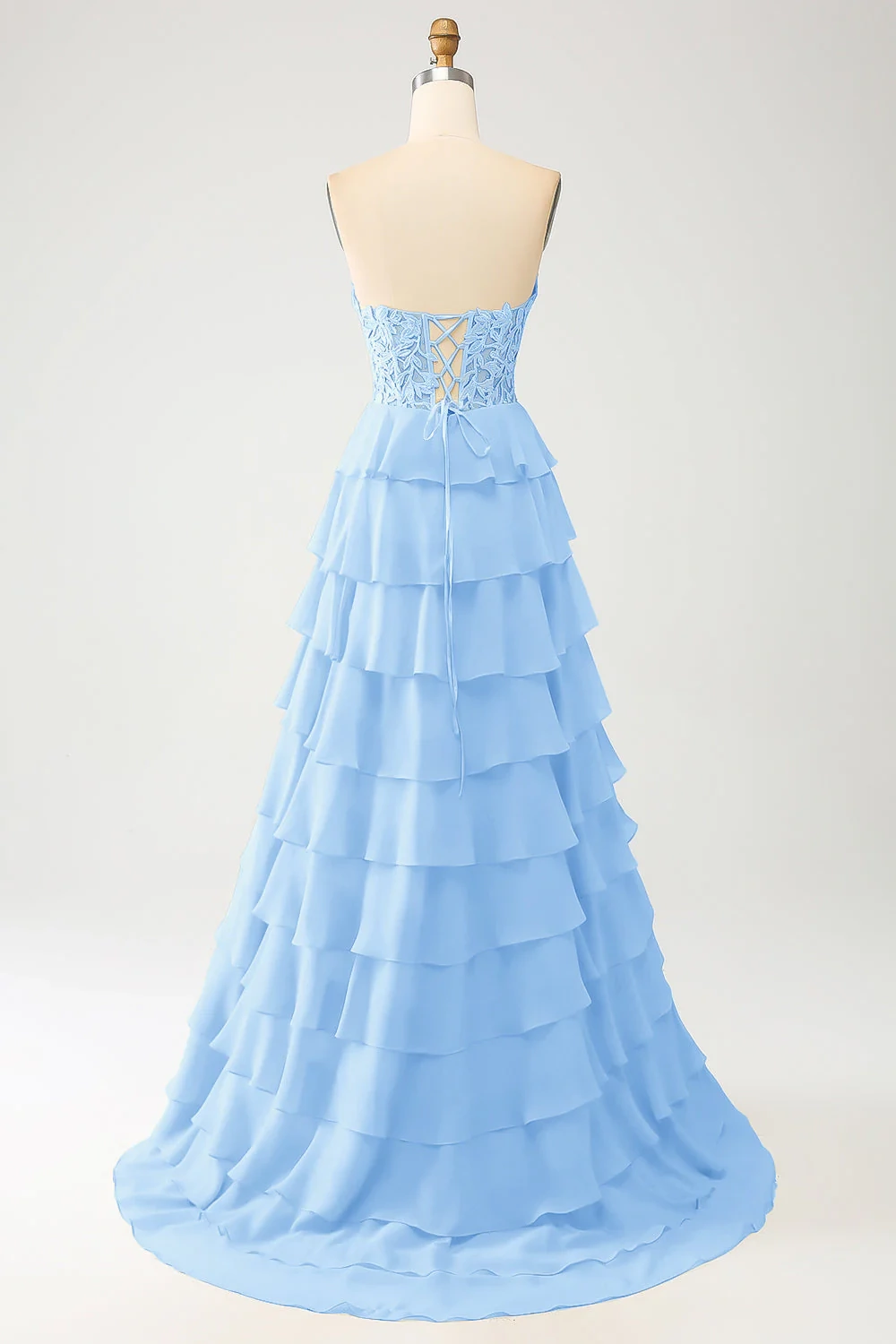 Elegant Sweetheart Neckline Lace Bodice Tiered Chiffon Evening Dress with Lace-Up Back
