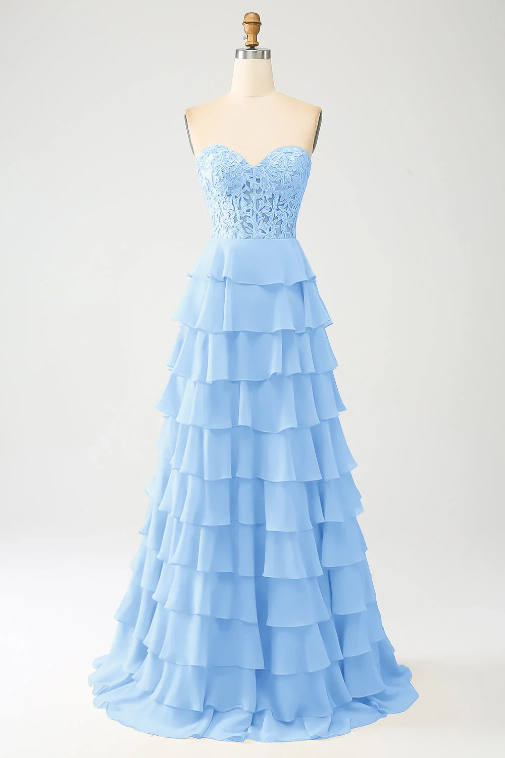 Elegant Sweetheart Neckline Lace Bodice Tiered Chiffon Evening Dress with Lace-Up Back