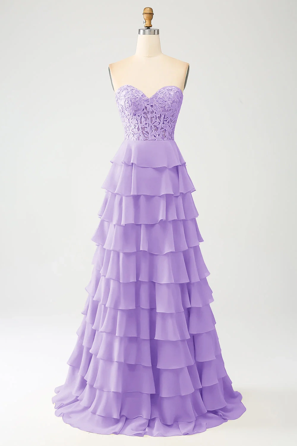 Elegant Sweetheart Neckline Lace Bodice Tiered Chiffon Evening Dress with Lace-Up Back