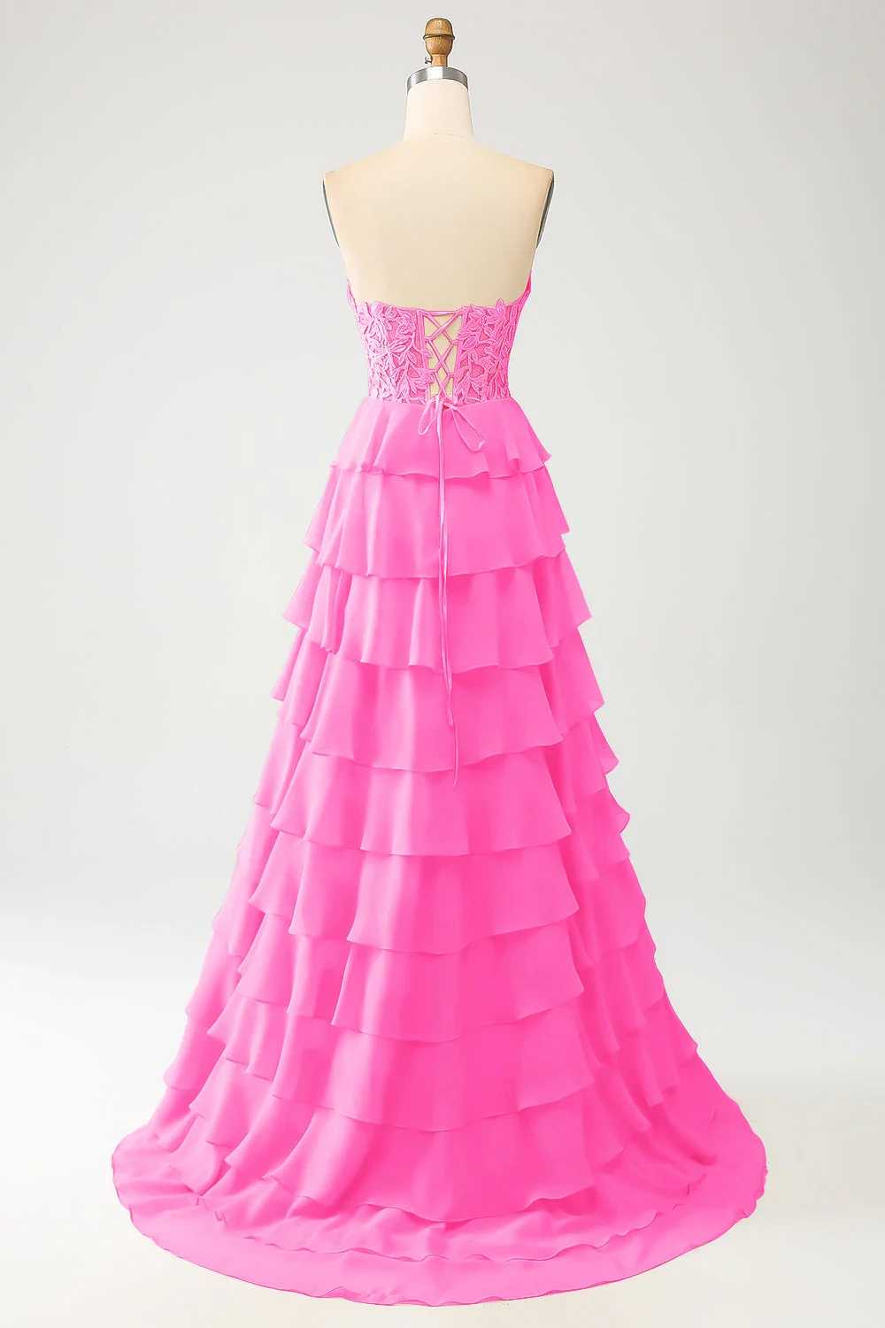 Elegant Sweetheart Neckline Lace Bodice Tiered Chiffon Evening Dress with Lace-Up Back