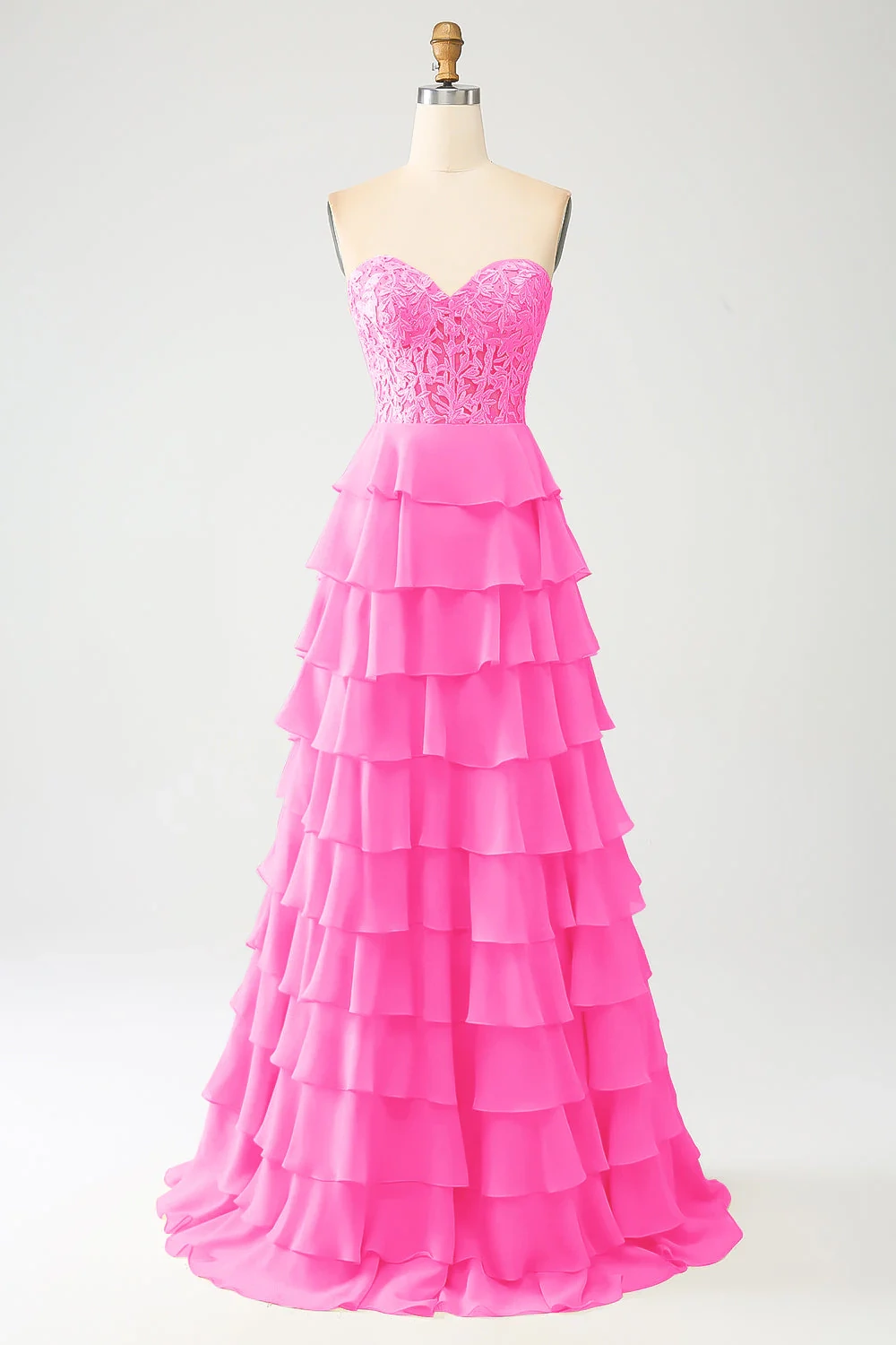 Elegant Sweetheart Neckline Lace Bodice Tiered Chiffon Evening Dress with Lace-Up Back