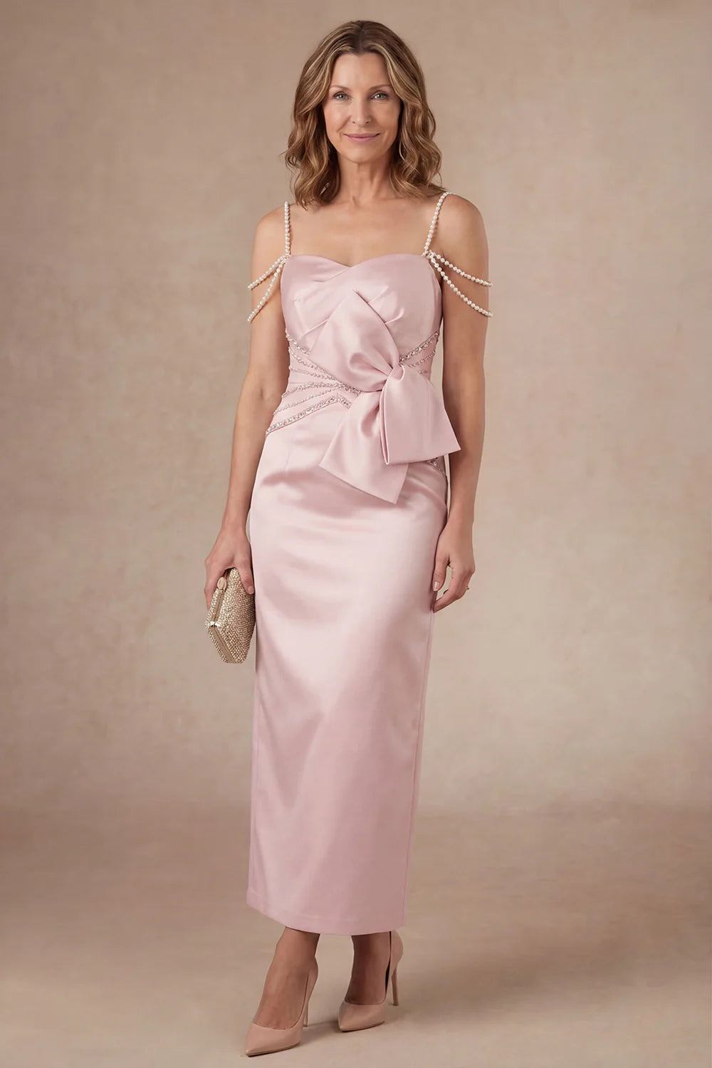 Elegant Sweetheart Pearl-Strap Bow-Embellished Satin Midi Mother of the Bride Dress