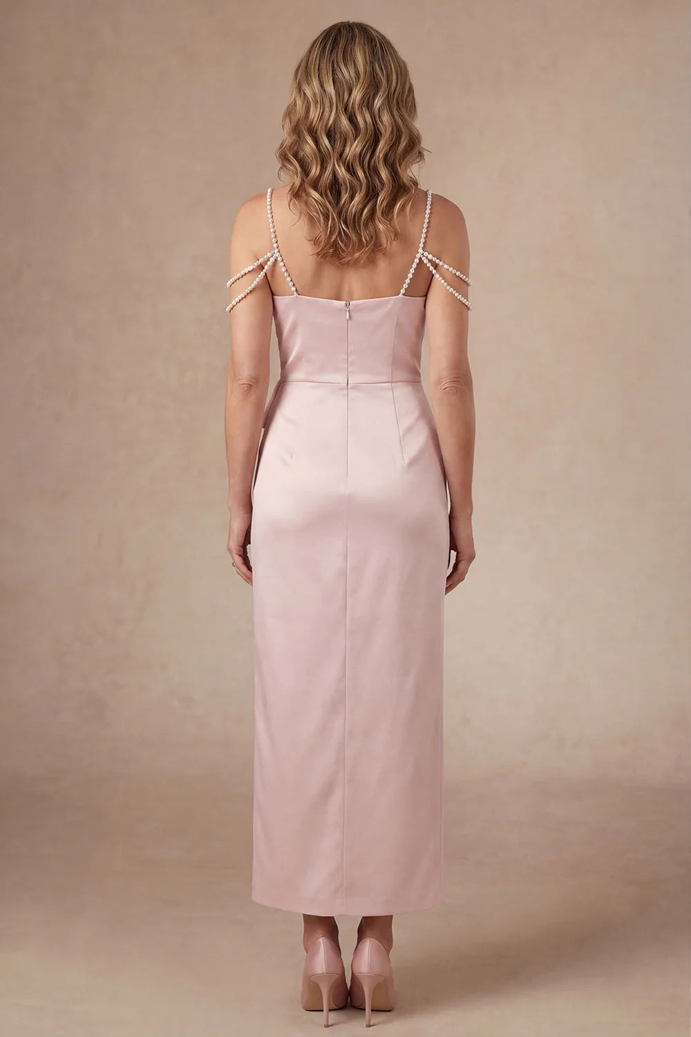 Elegant Sweetheart Pearl-Strap Bow-Embellished Satin Midi Mother of the Bride Dress