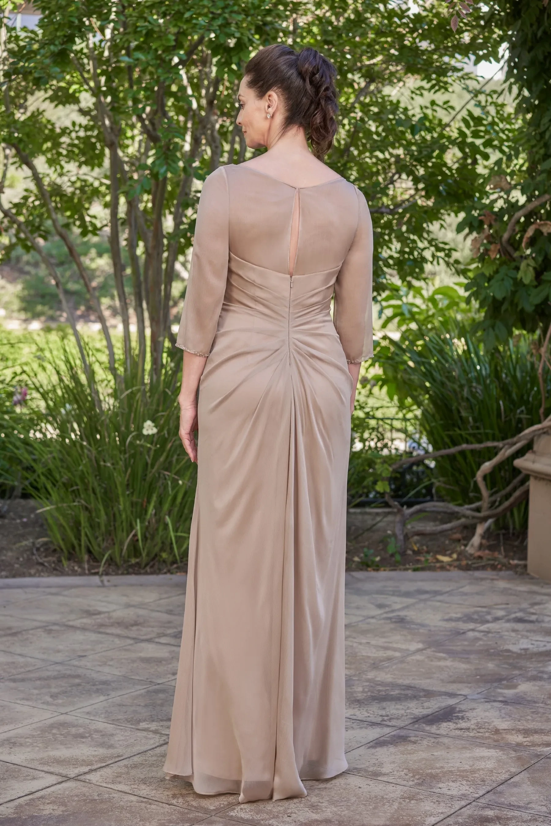 Elegant Taupe Chiffon 3/4 Sleeve V-Neck Crystal Beaded Ruched Slit Keyhole Back Mother of the Bride Dress