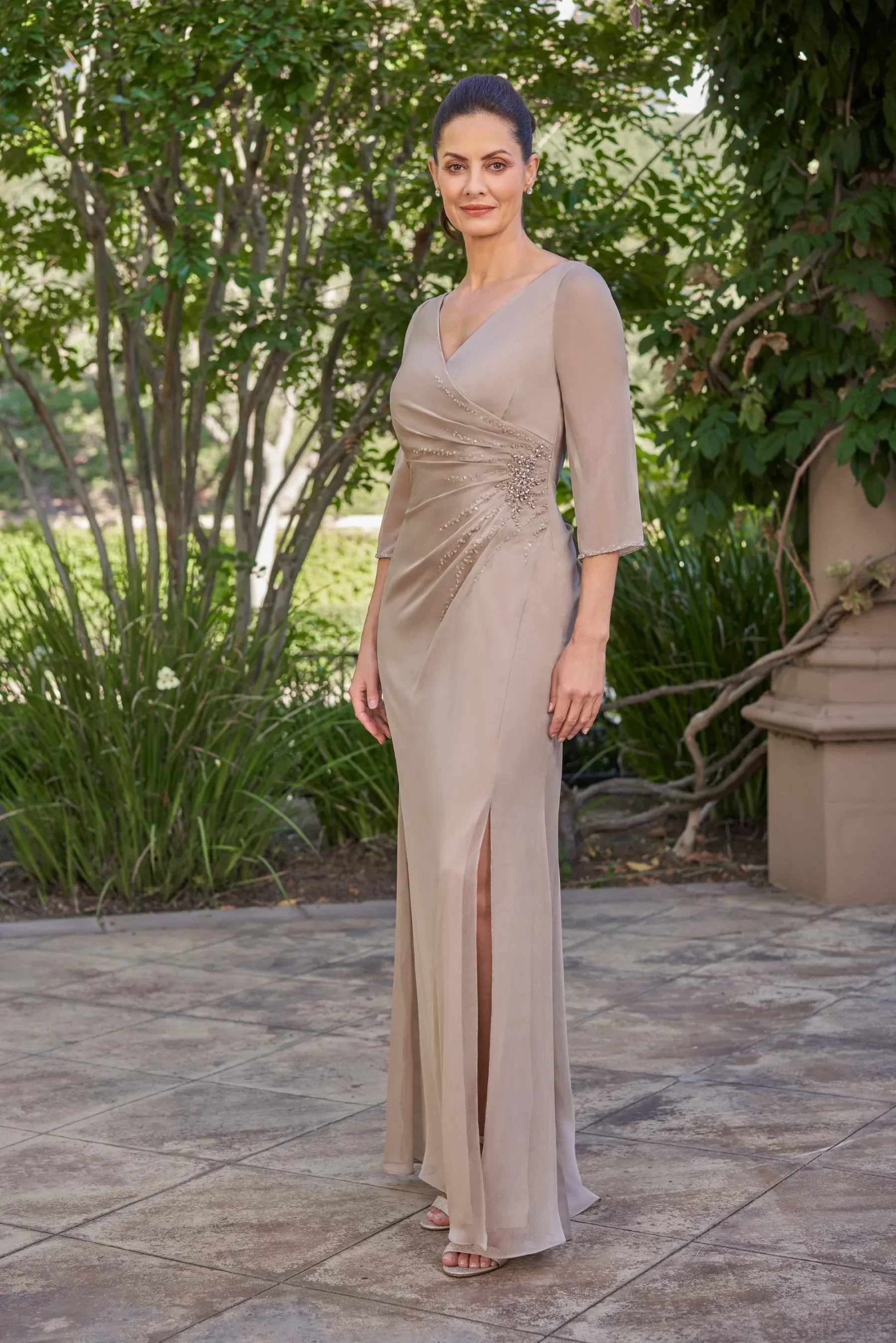 Elegant Taupe Chiffon 3/4 Sleeve V-Neck Crystal Beaded Ruched Slit Keyhole Back Mother of the Bride Dress