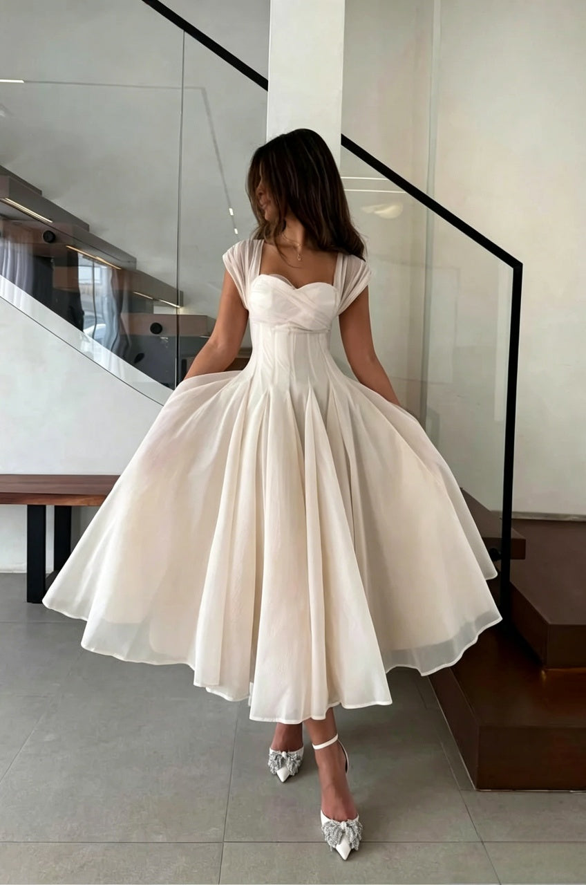Elegant Tea-Length A-Line Sweetheart Neck Short Sleeve Corset Back Chiffon Evening Dress