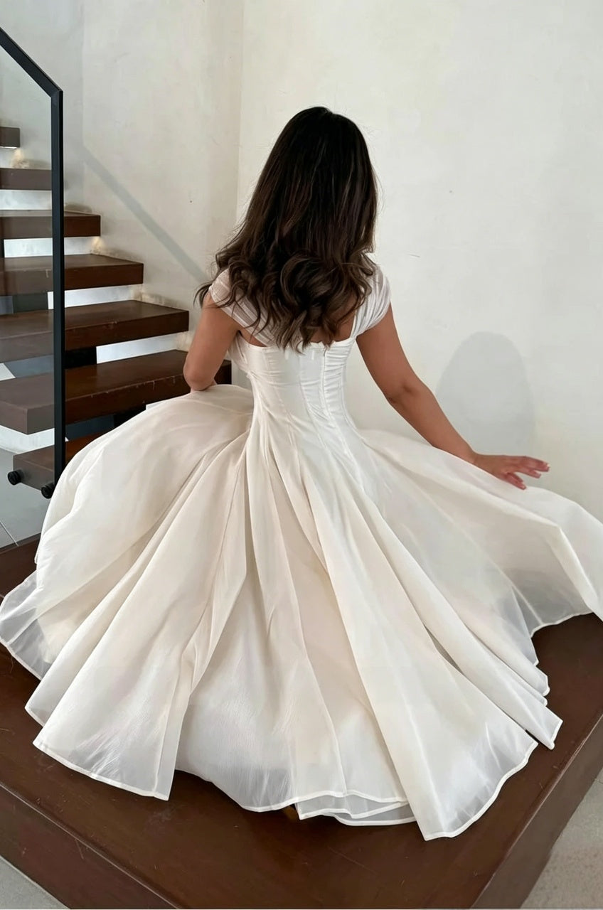 Elegant Tea-Length A-Line Sweetheart Neck Short Sleeve Corset Back Chiffon Evening Dress