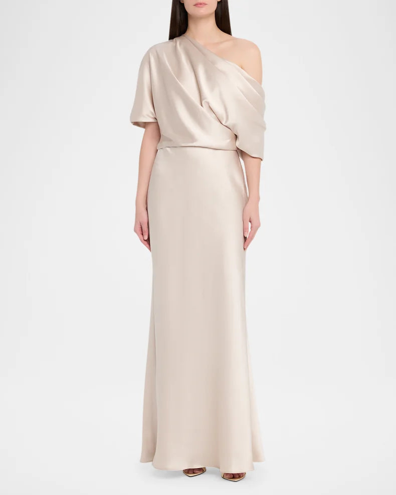 Elegant Timeless Champagne Satin Column Silhouette Asymmetrical Neck Draped Short Sleeve Floor-Length Evening Dress