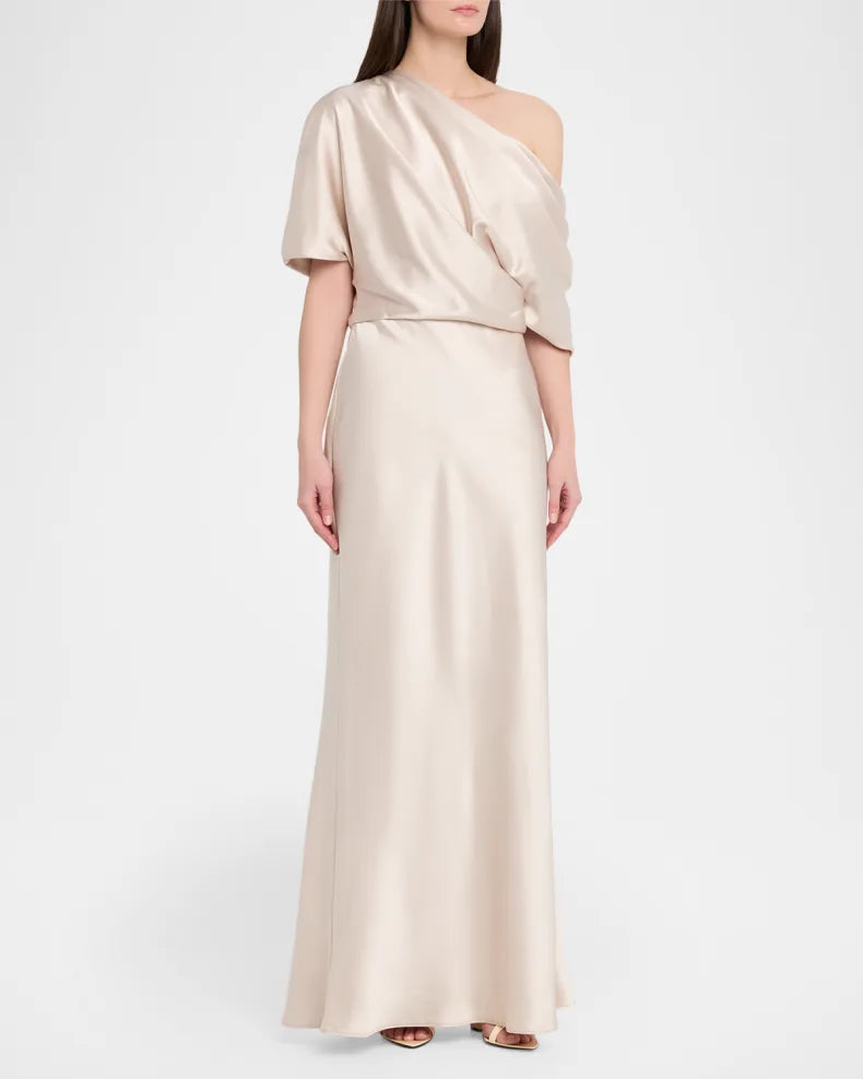 Elegant Timeless Champagne Satin Column Silhouette Asymmetrical Neck Draped Short Sleeve Floor-Length Evening Dress