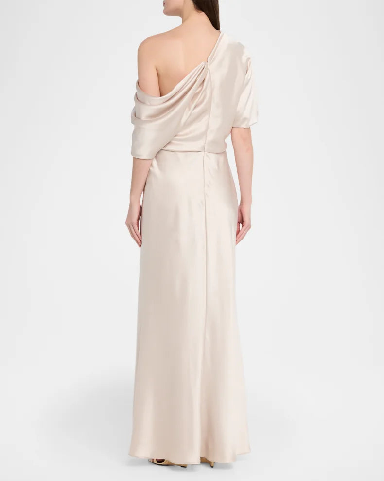 Elegant Timeless Champagne Satin Column Silhouette Asymmetrical Neck Draped Short Sleeve Floor-Length Evening Dress
