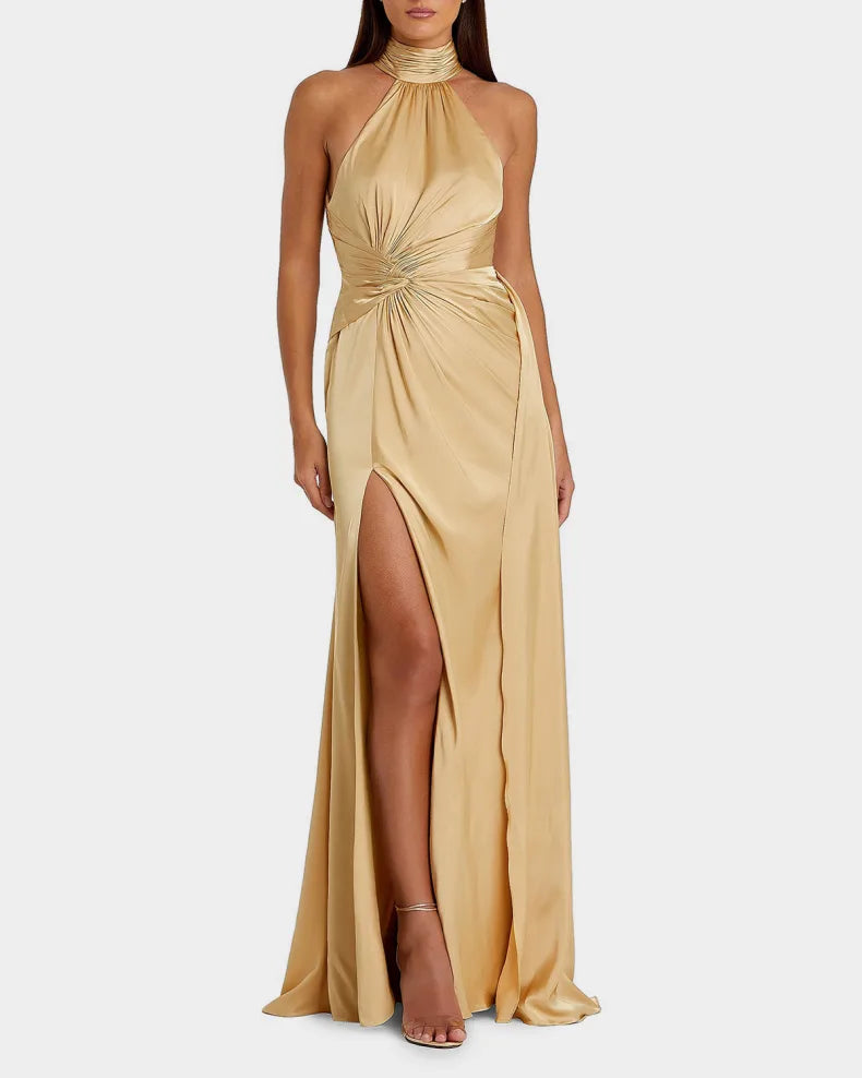 Elegant Timeless Champagne Satin Column Silhouette Halter Neck Ruched Waist High Side Slit Floor-Length Evening Dress