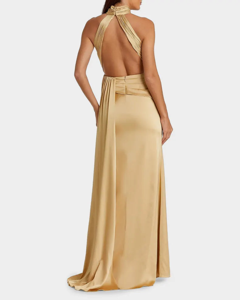 Elegant Timeless Champagne Satin Column Silhouette Halter Neck Ruched Waist High Side Slit Floor-Length Evening Dress