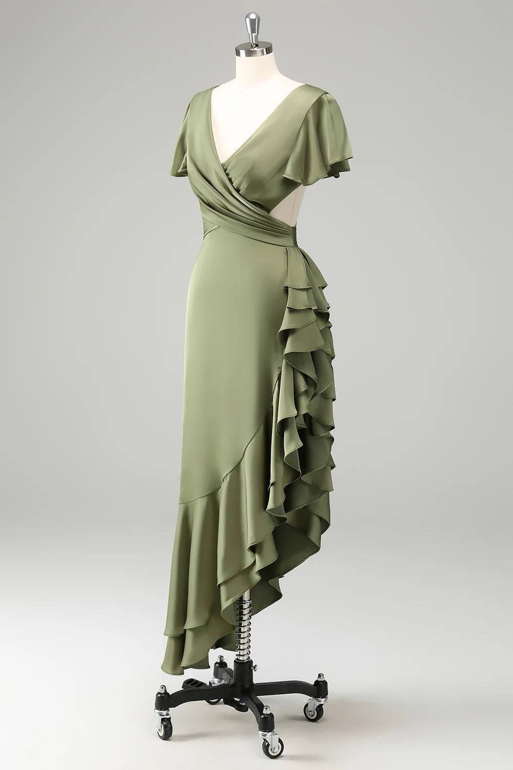 Elegant Timeless Fitted Mermaid Short Sleeve Back Tie Floor-Length Ruffled Evening Dresses