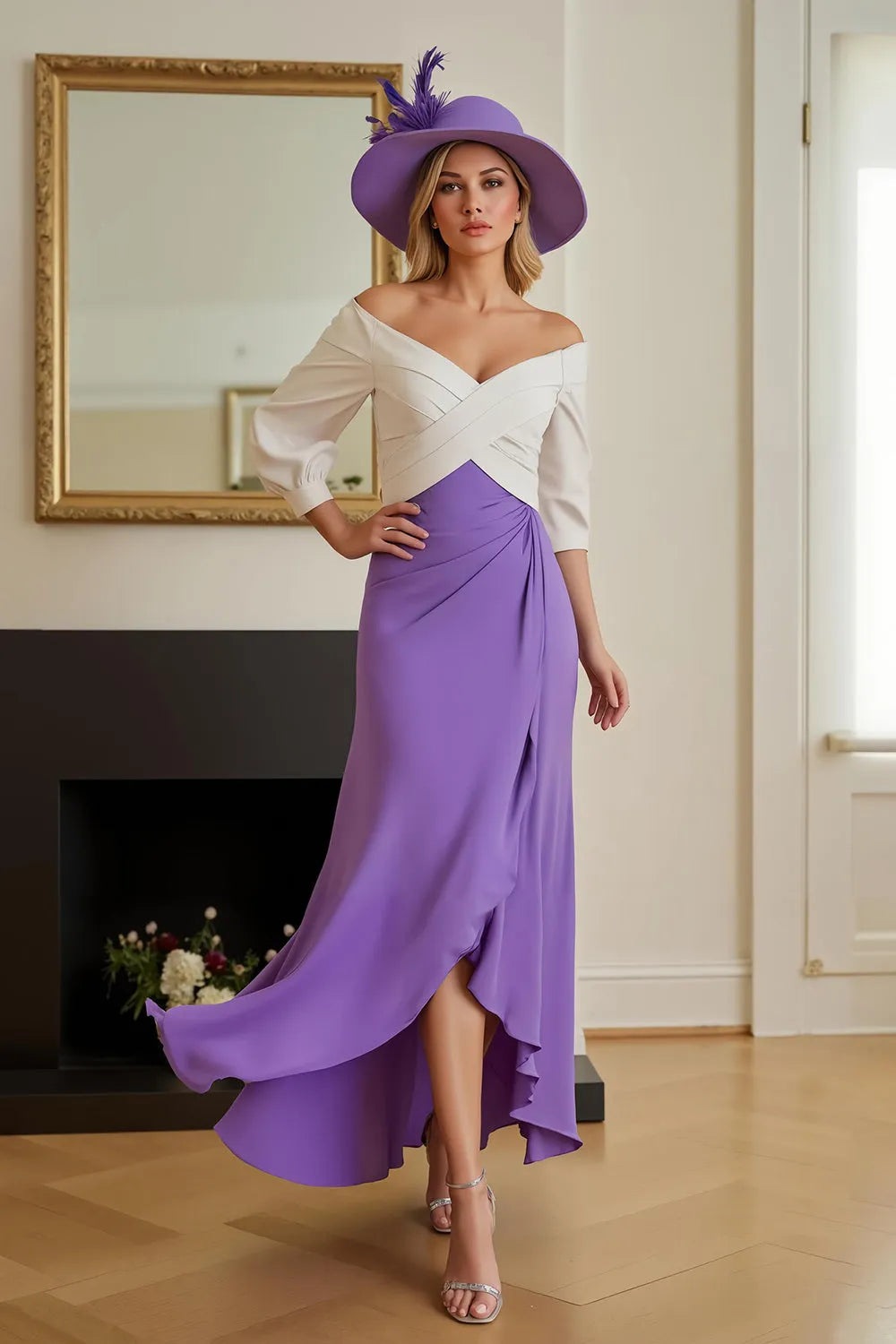 Elegant Two-Tone White and Purple Off-the-Shoulder Midi Mother of the Bride Dress