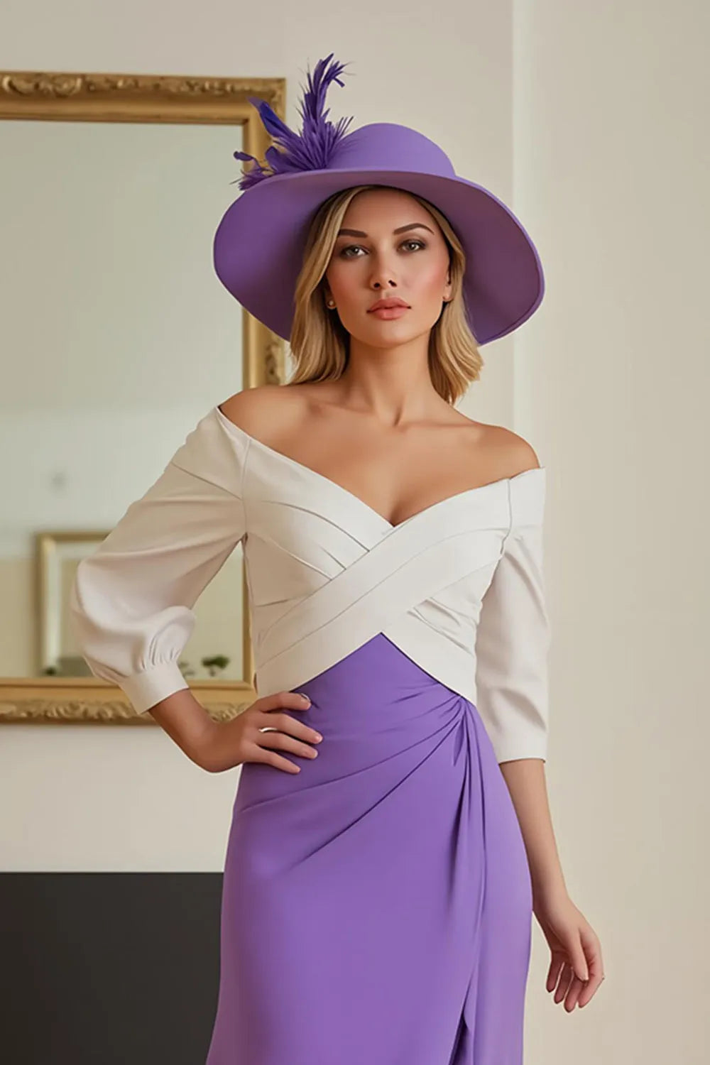 Elegant Two-Tone White and Purple Off-the-Shoulder Midi Mother of the Bride Dress