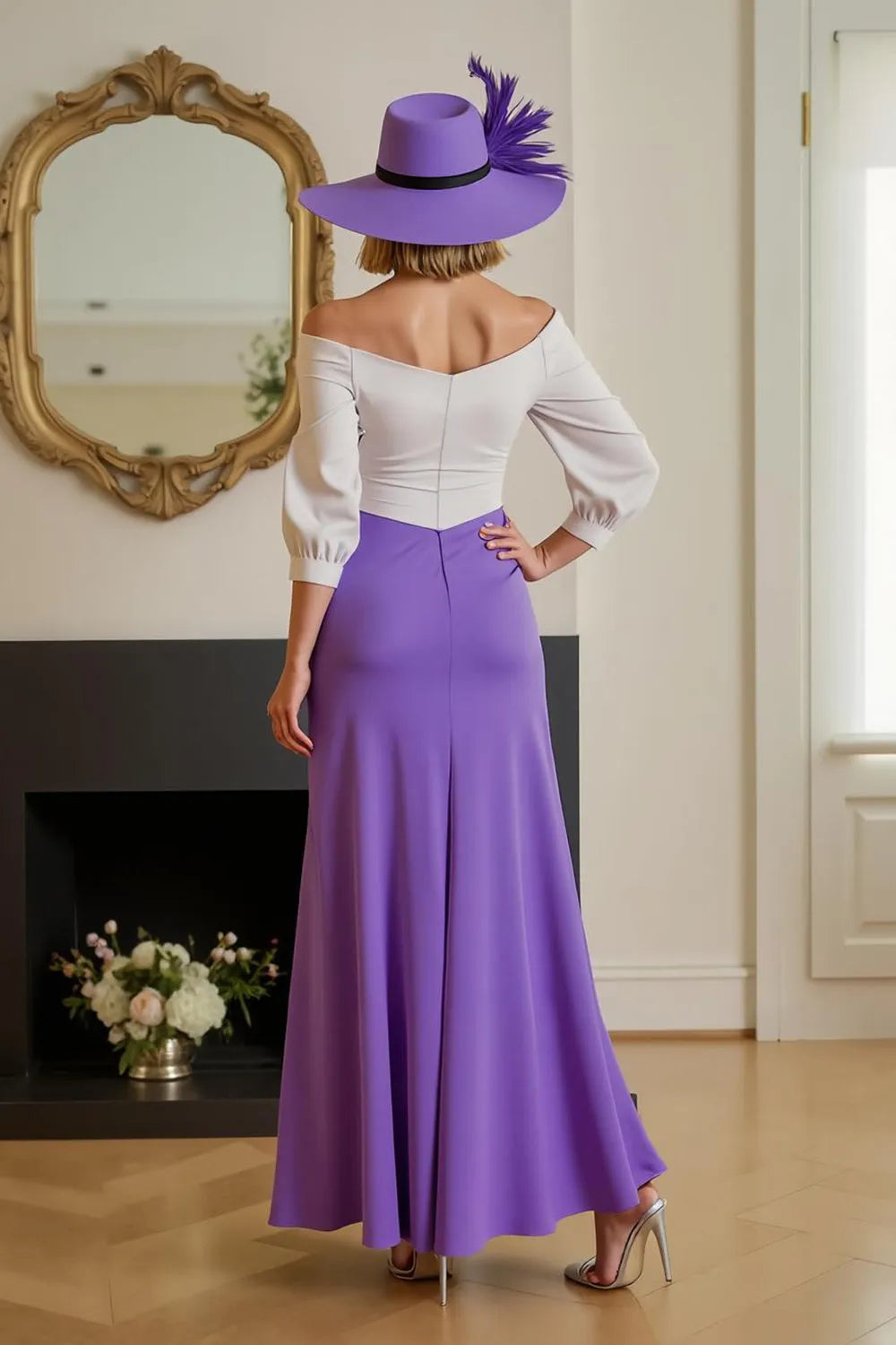Elegant Two-Tone White and Purple Off-the-Shoulder Midi Mother of the Bride Dress