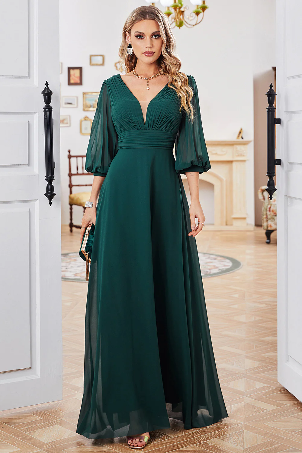 Elegant V-Neck Puff Sleeve Ruched Chiffon A-Line Mother of the Bride Dress
