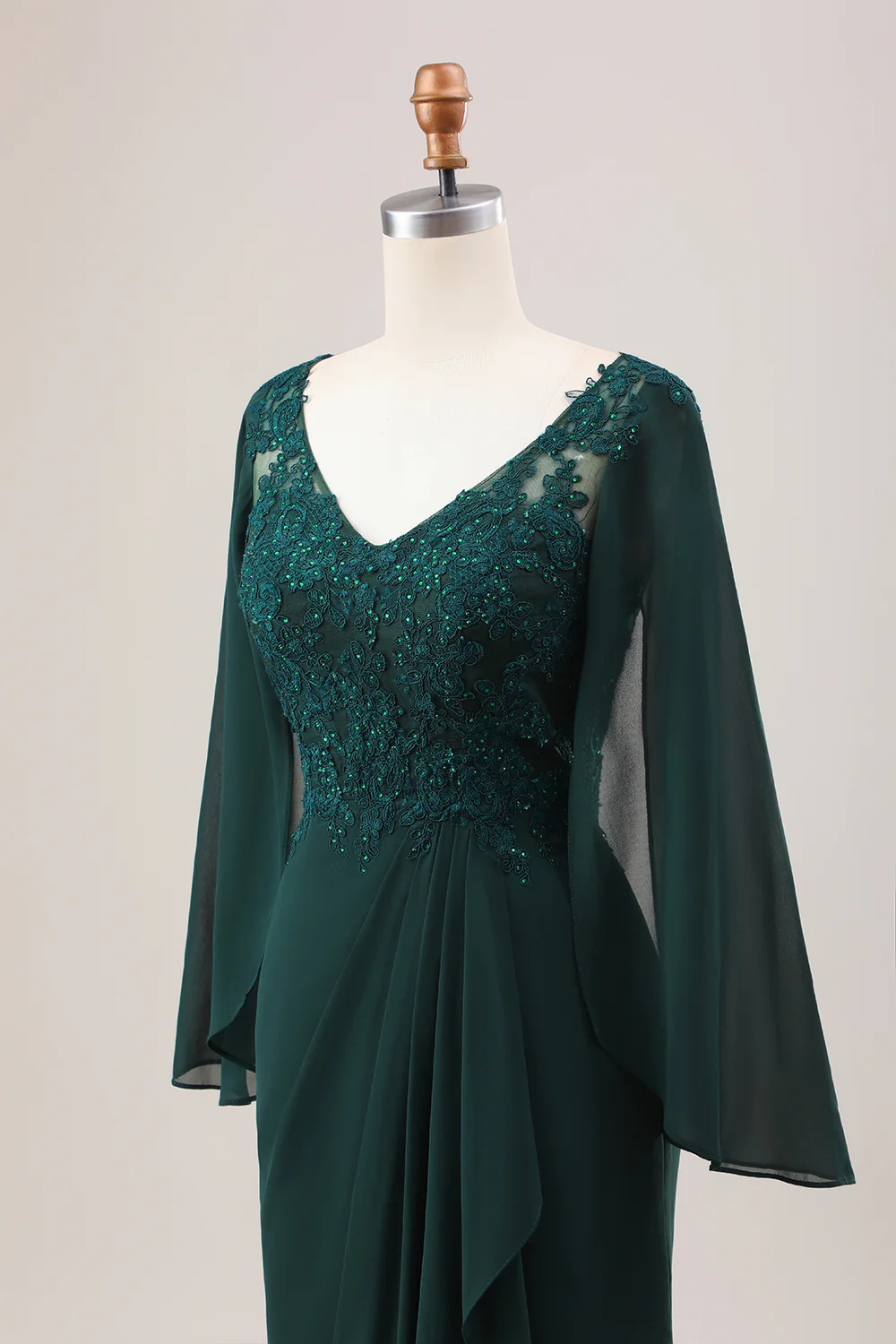Elegant V-Neck Sheer Bell Sleeve Lace Beaded Applique Mermaid Mother of the Bride Dress