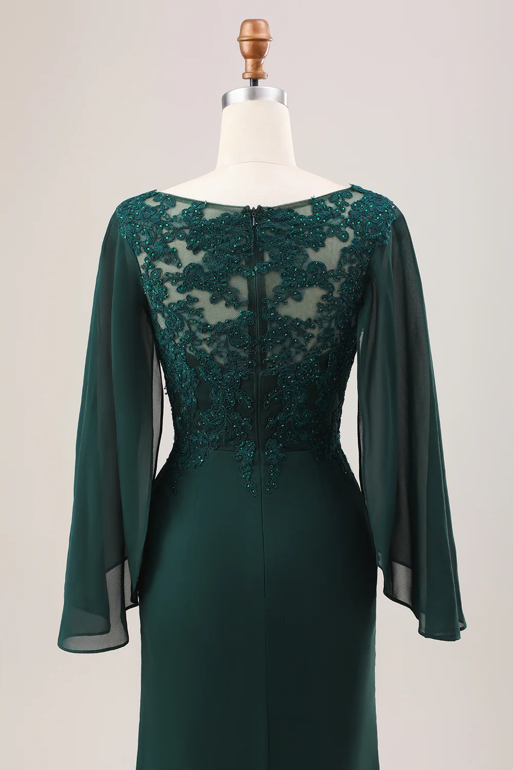 Elegant V-Neck Sheer Bell Sleeve Lace Beaded Applique Mermaid Mother of the Bride Dress