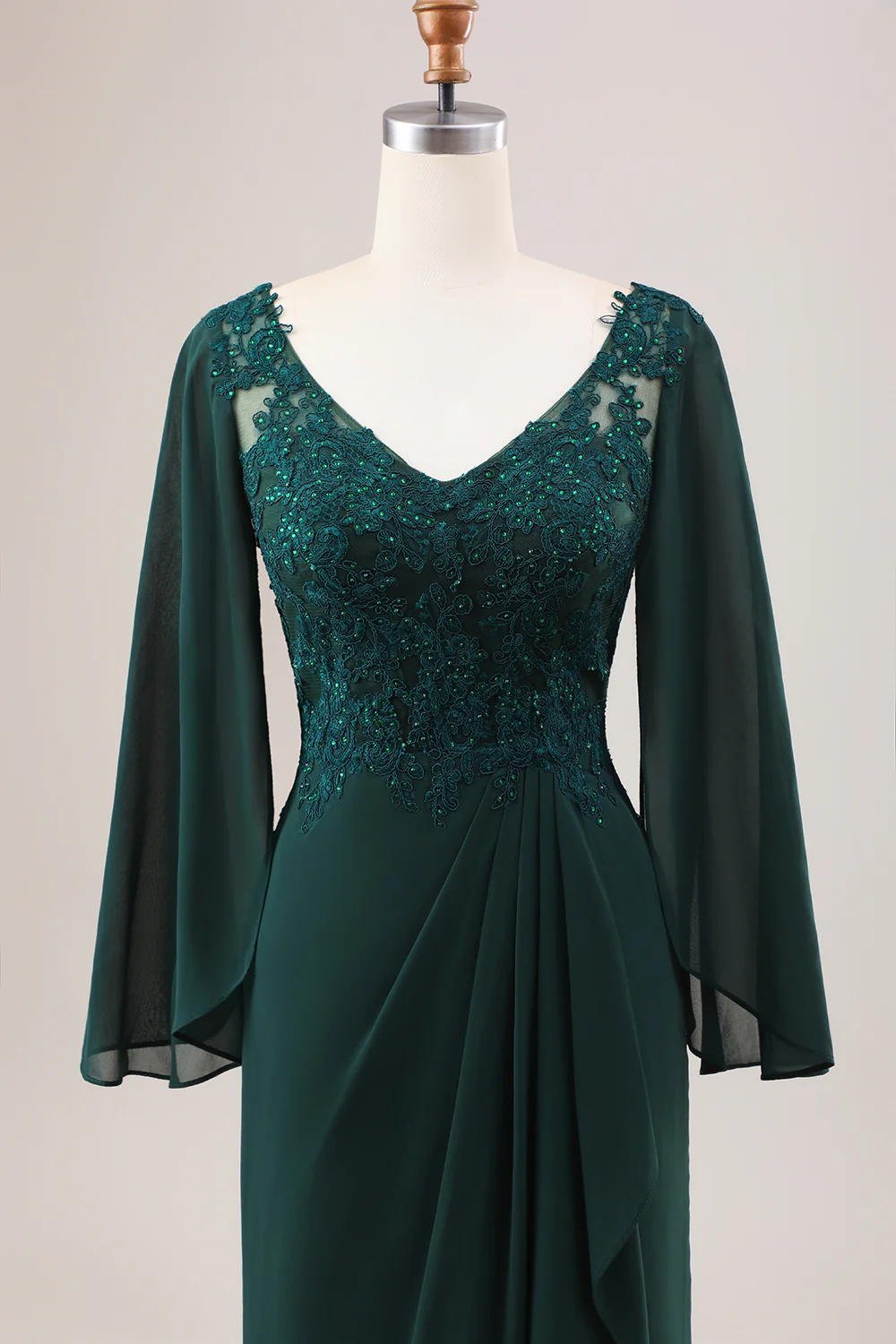 Elegant V-Neck Sheer Bell Sleeve Lace Beaded Applique Mermaid Mother of the Bride Dress