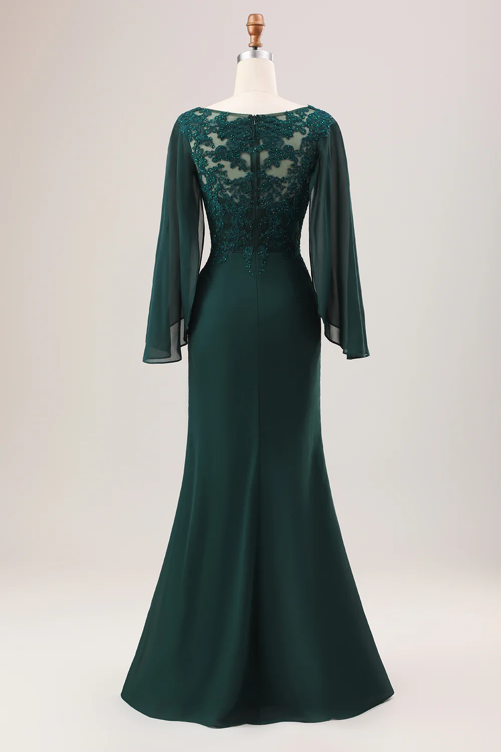 Elegant V-Neck Sheer Bell Sleeve Lace Beaded Applique Mermaid Mother of the Bride Dress