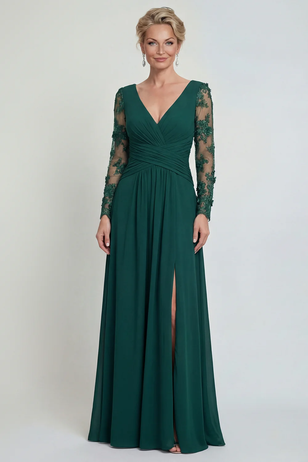 Elegant V-Neck Sheer Long Sleeve Lace Applique Ruched Chiffon Slit Mother of the Bride Dress