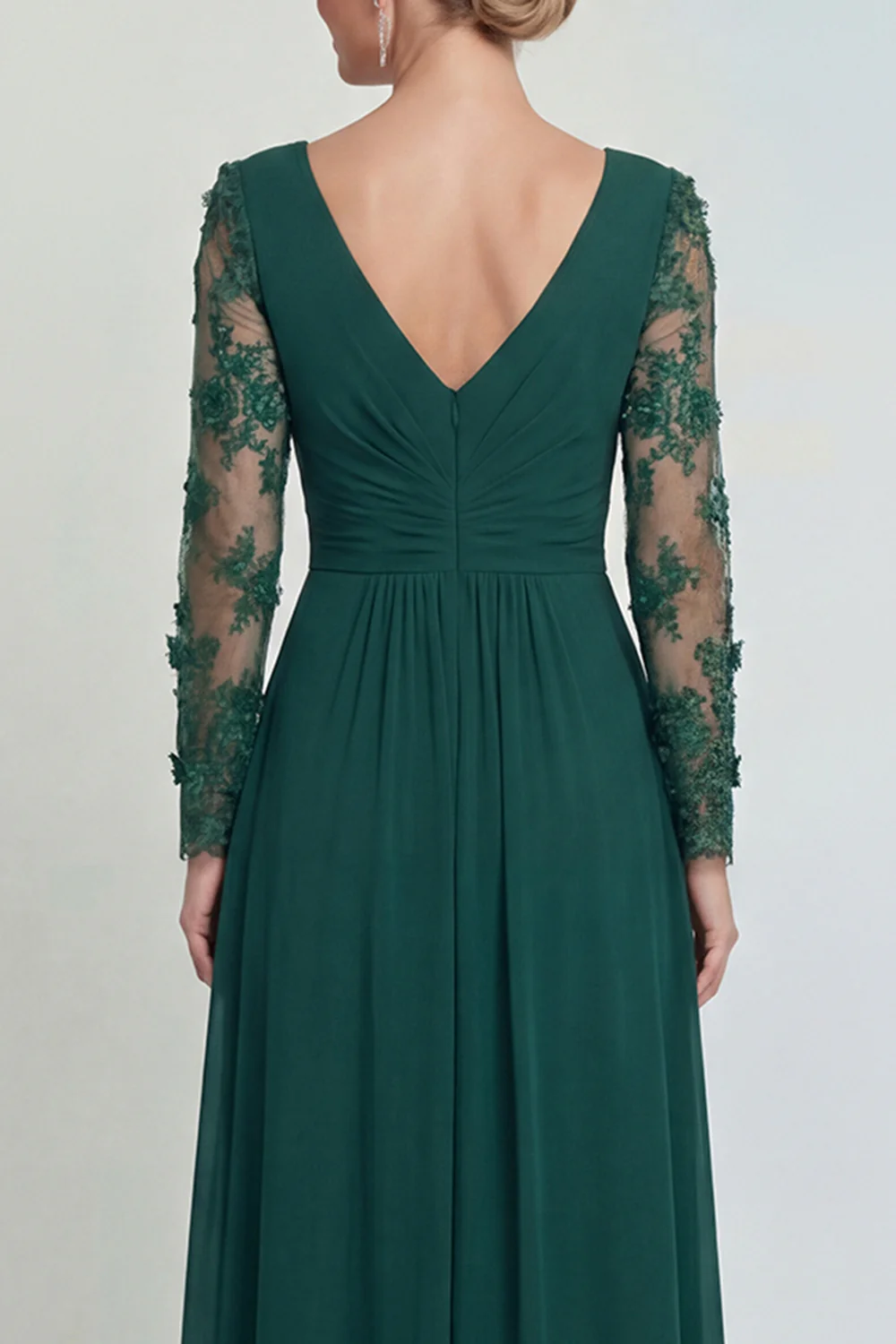 Elegant V-Neck Sheer Long Sleeve Lace Applique Ruched Chiffon Slit Mother of the Bride Dress