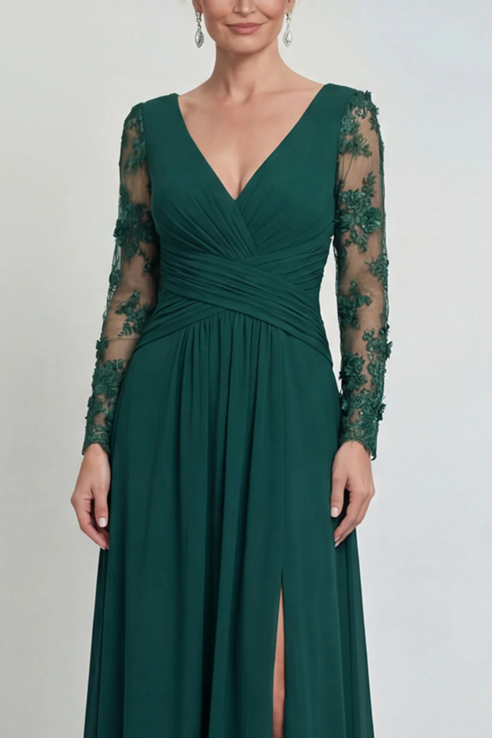 Elegant V-Neck Sheer Long Sleeve Lace Applique Ruched Chiffon Slit Mother of the Bride Dress